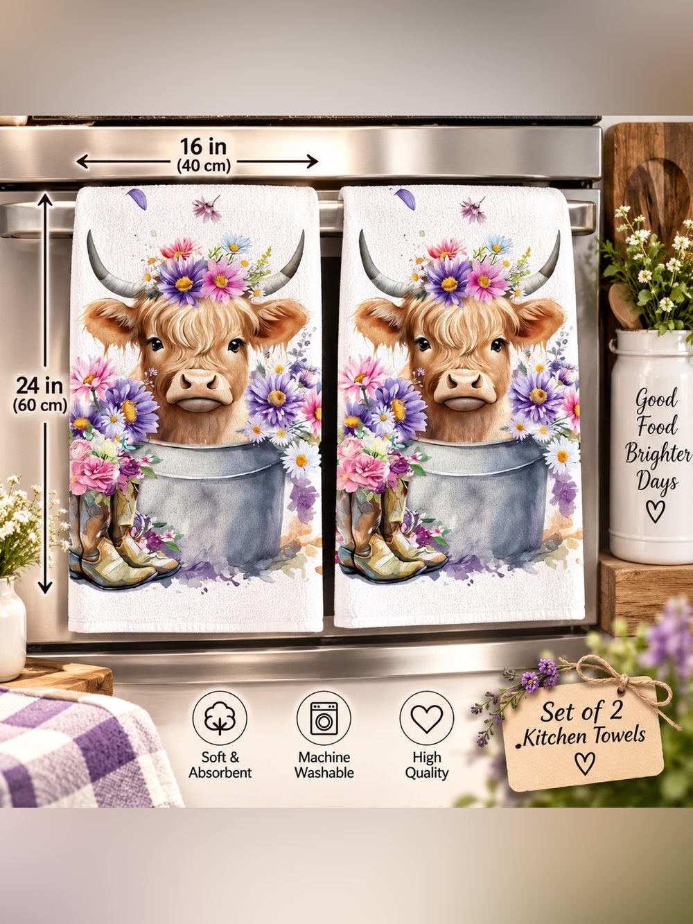 Farmhouse Cow Floral Kitchen Towel Set in Purple and Pink